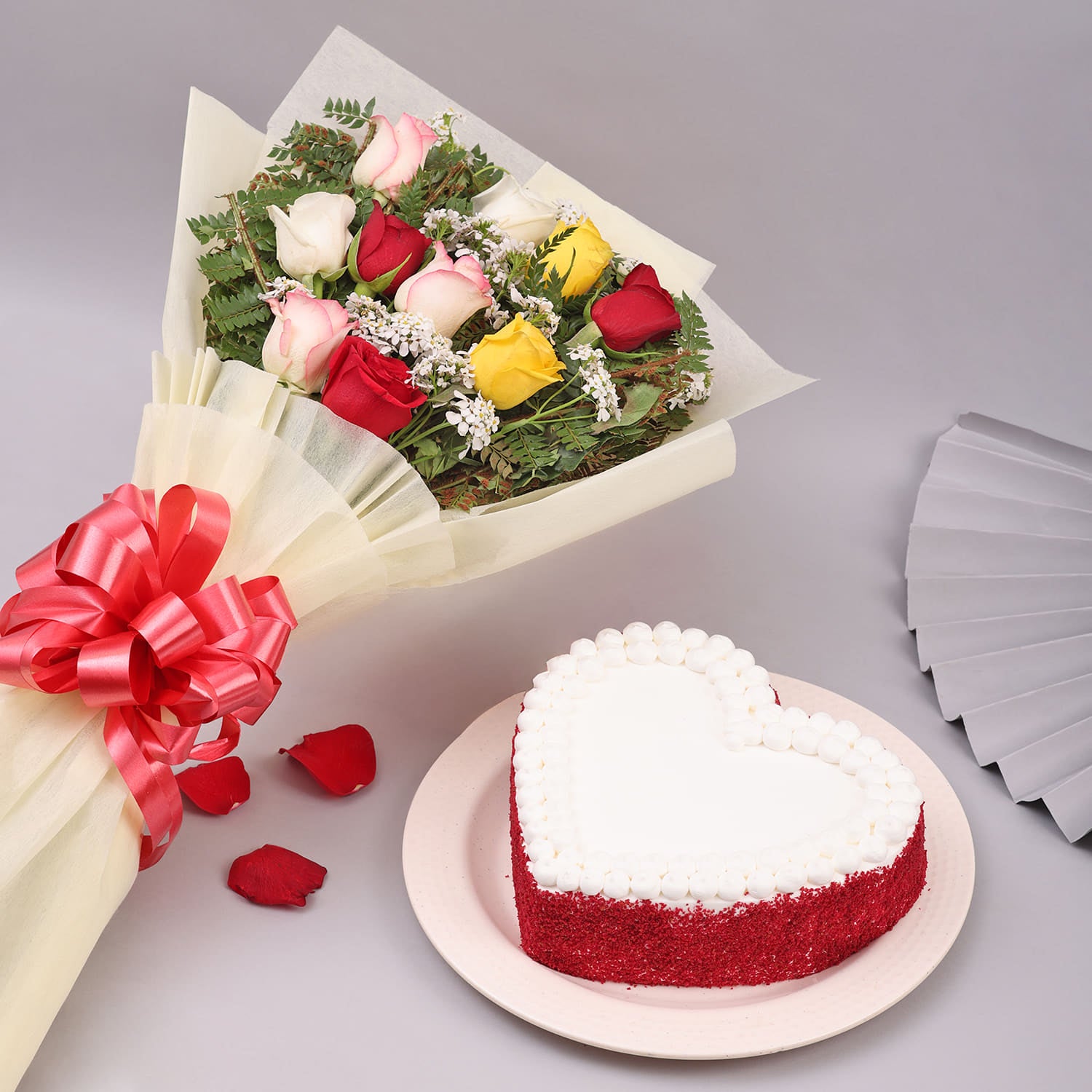 Heart Shape Red Velvet Cake With Floral Elegance - YuvaFlowers