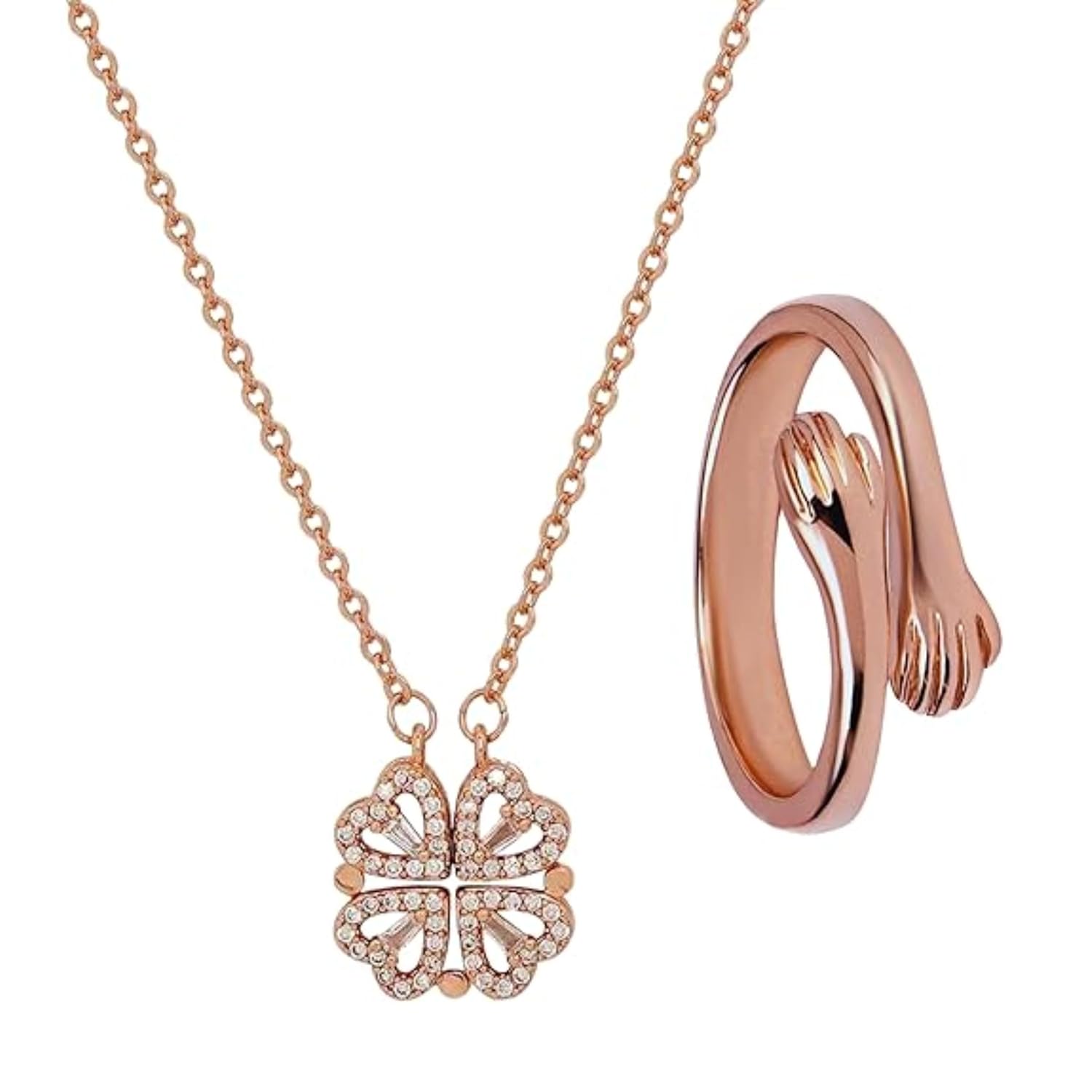 Anti-Tarnish Magnetic Clover Necklace & Promise Hug Ring Set