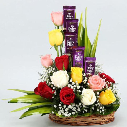 Rose N Dairy Milk Gift Basket - YuvaFlowers