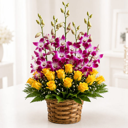 Basket of Yellow Roses with Orchids Online Gift Delivery
