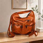 Cognac Luxe Multi-Pocket Hobo Crossbody Bag