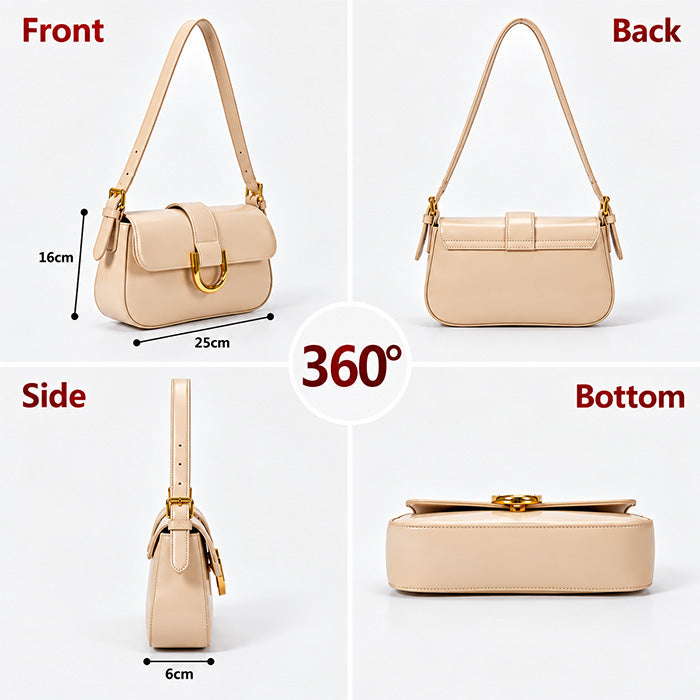 Elegant Beige Glossy Shoulder Handbag for Women with Gold Buckle