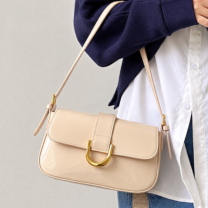 Elegant Beige Glossy Shoulder Handbag for Women with Gold Buckle