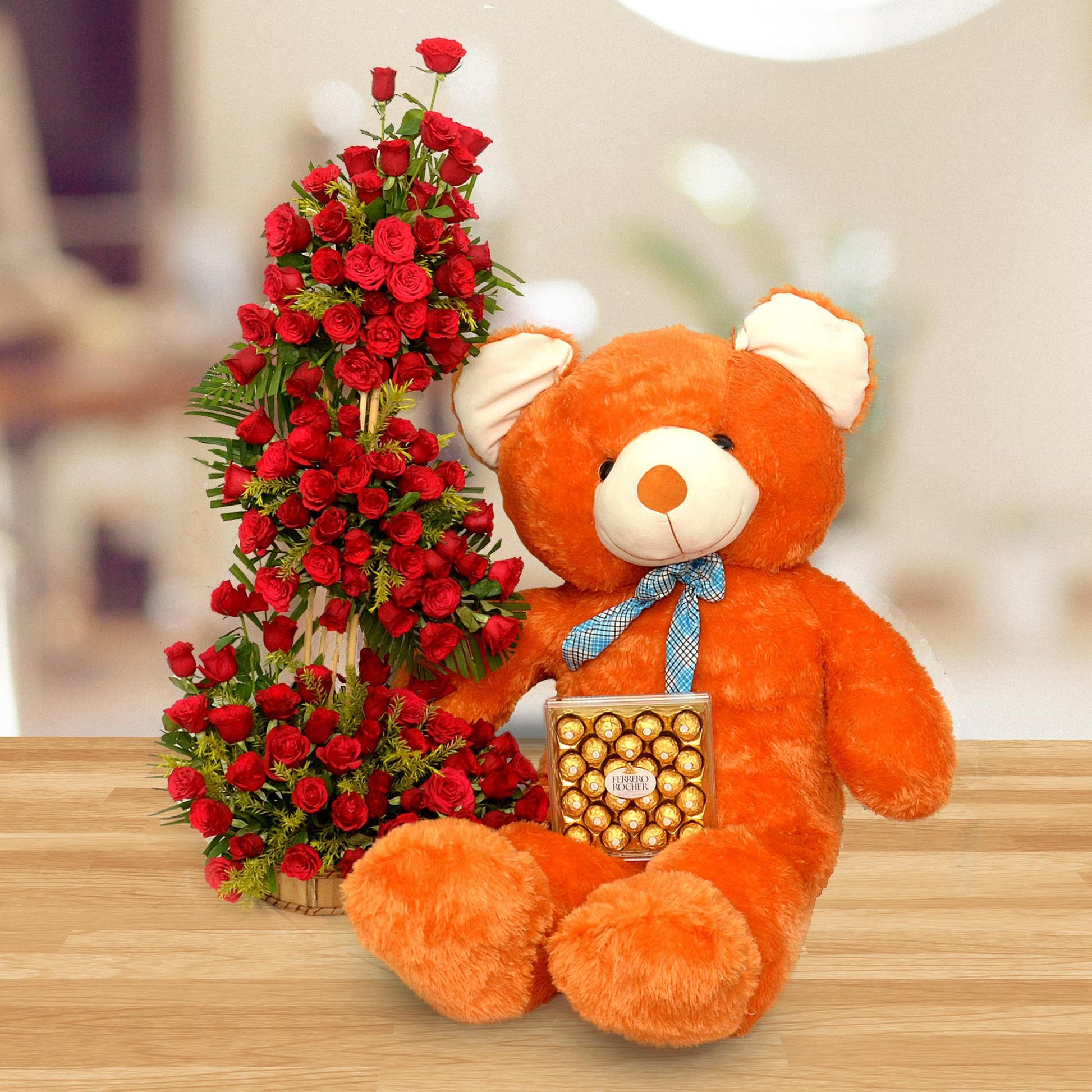 Rose Basket, Teddy & Chocolate