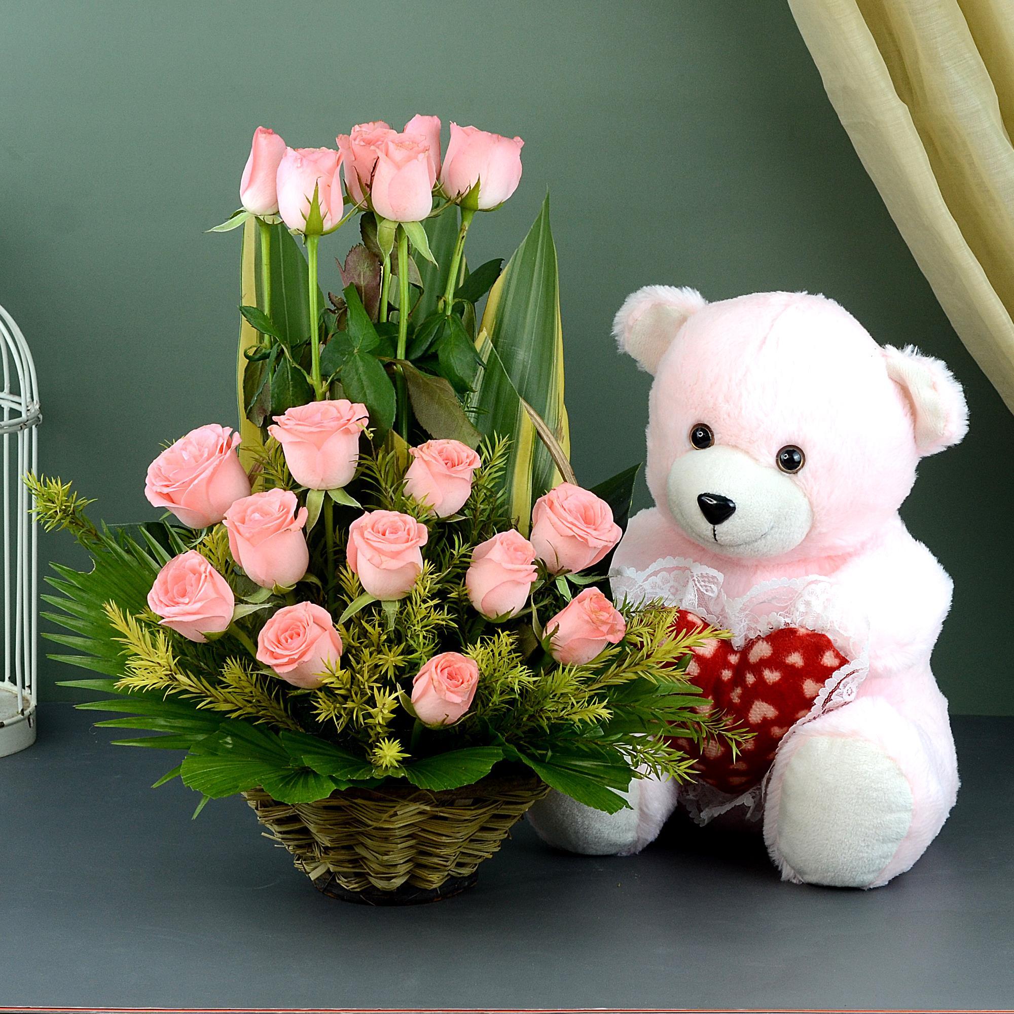 Flirty Pink Roses with Teddy