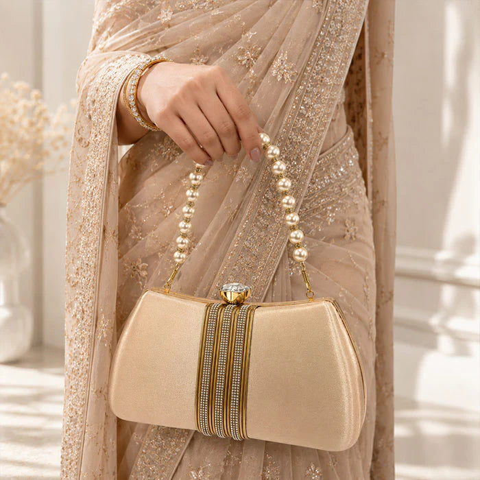 Golden Radiance Pearl-Handle Evening Clutch