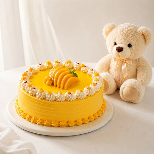 Half Kg Mango Cake with Teddy Bear Gift Combo Online Gift Delivery