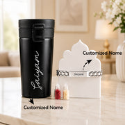 Personalized Black Travel Sipper Bottle with Engraved Name & Premium Bracelet Rakhi Gift Set