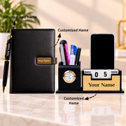 Personalized Black & Gold Desk Organizer with Notebook, Pen, Clock & Calendar