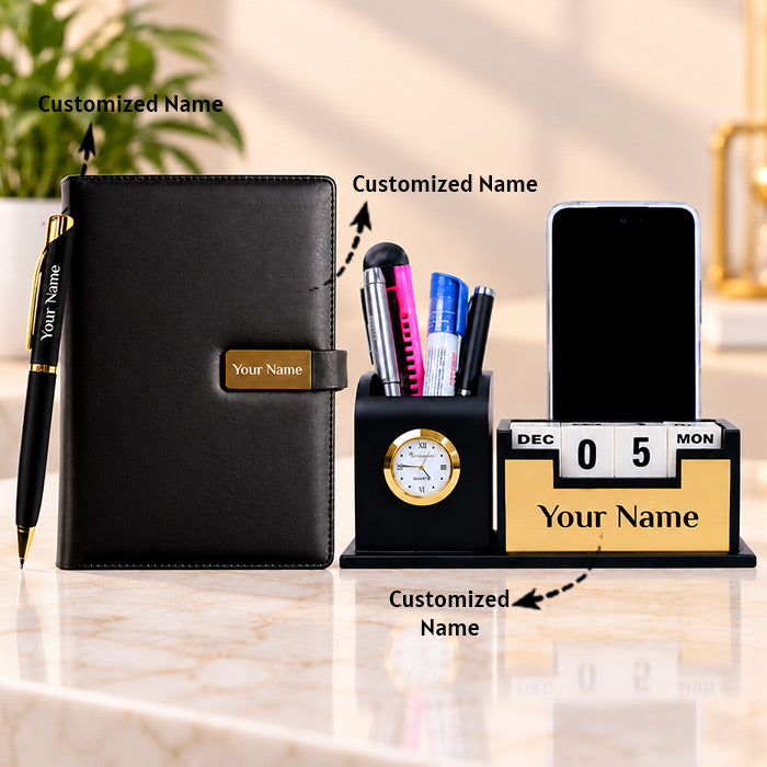 Personalized Black & Gold Desk Organizer with Notebook, Pen, Clock & Calendar