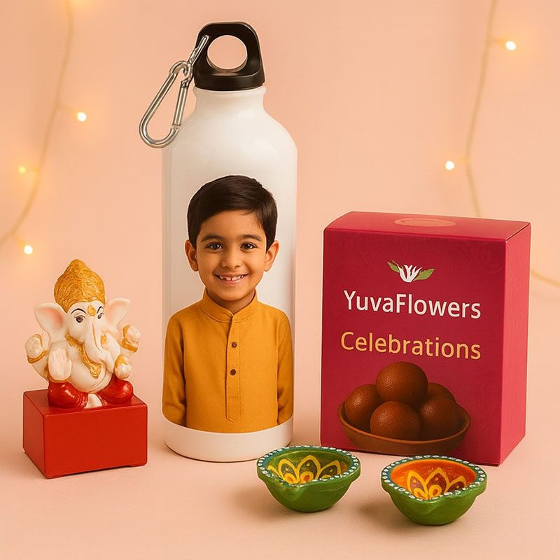 Personalized Diwali Gift Combo with Ganesha Idol, Sipper, Diyas & Gulab Jamun – Festive Hamper