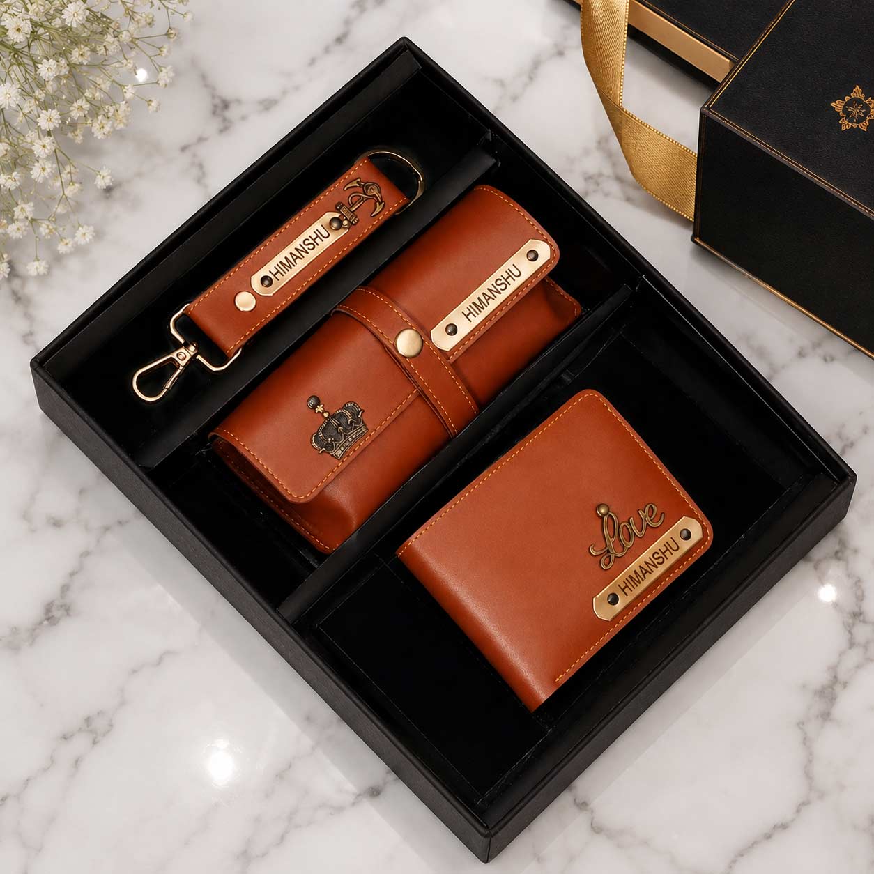 Personalized Leather Gift Set for Men - Wallet, Keychain & Pouch