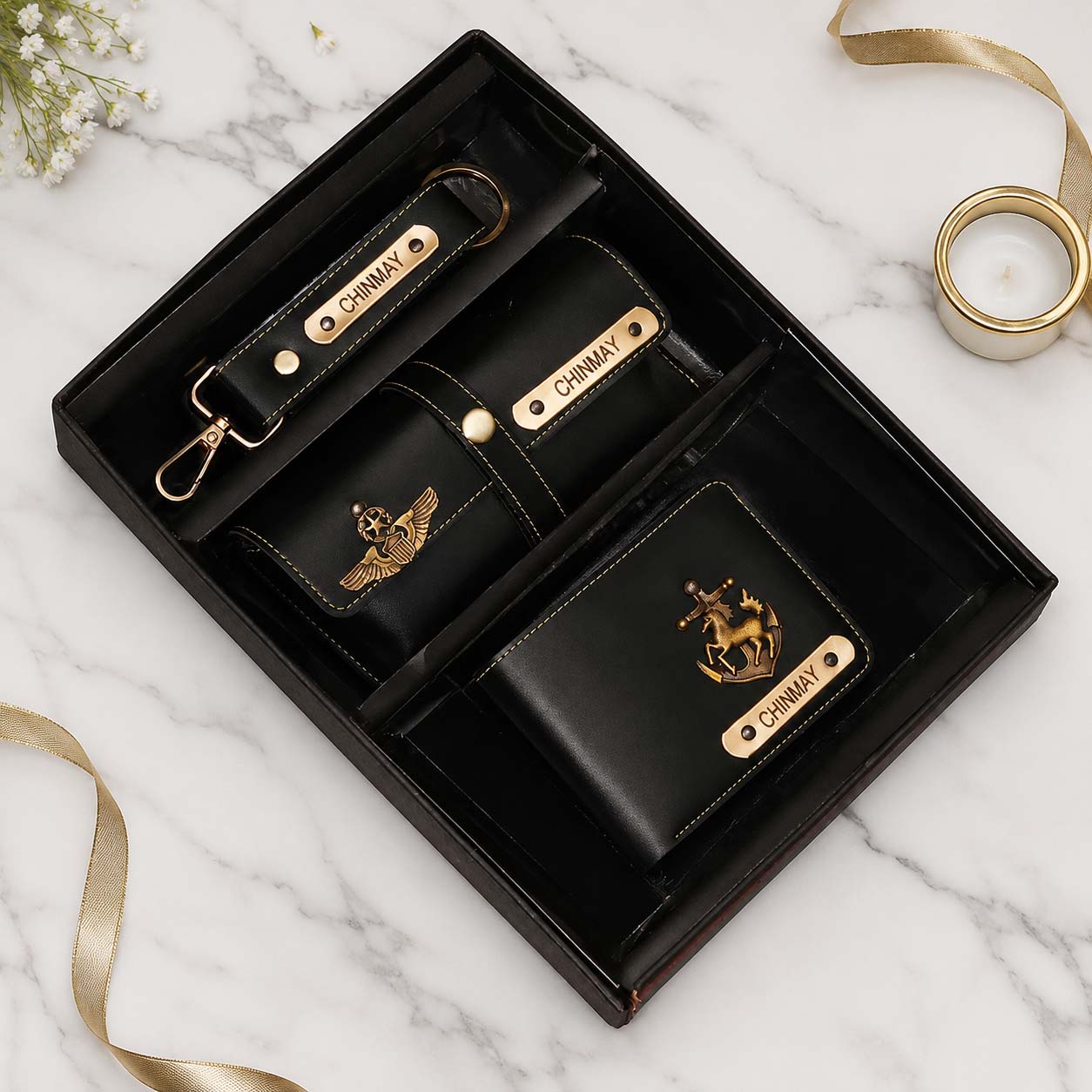 Personalized Leather Gift Set for Men - Wallet, Keychain & Pouch