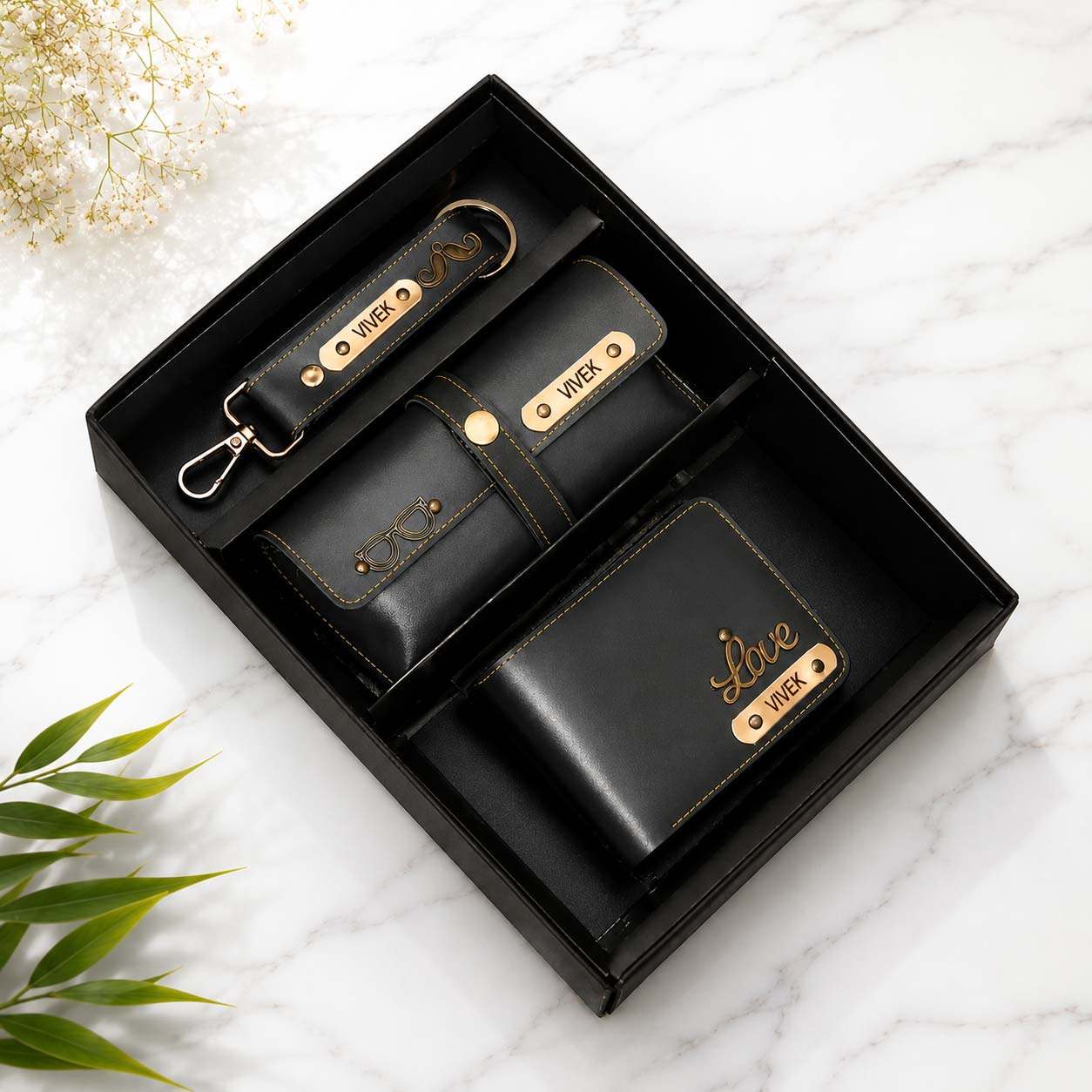 Personalized Leather Gift Set for Men - Wallet, Keychain & Pouch