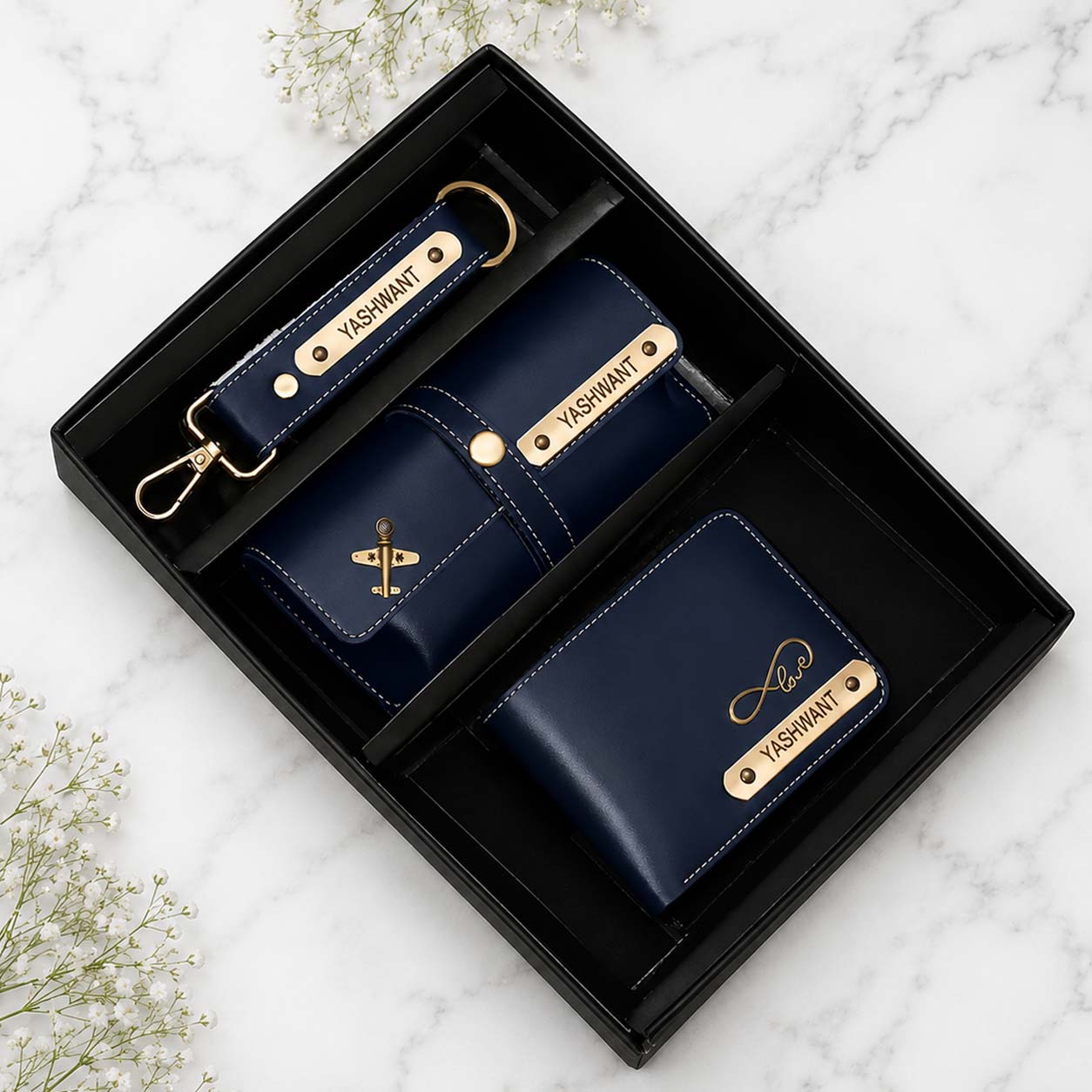 Personalized Leather Gift Set for Men - Wallet, Keychain & Pouch