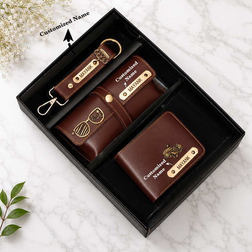 Personalized Leather Gift Set for Men - Wallet, Keychain & Pouch Online Gift Delivery