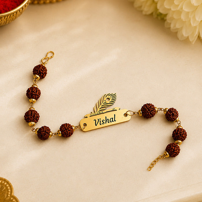 Personalized Peacock Feather Name Rakhi with Rudraksha & Evil Eye Beads