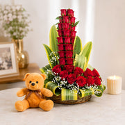 Red Roses Arrangement With Teddy