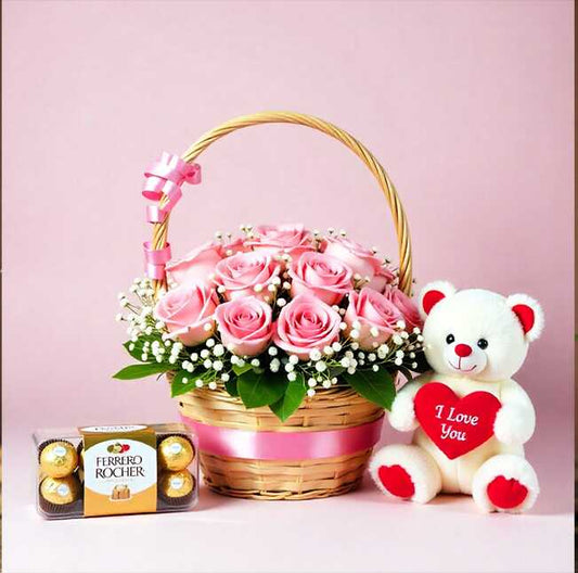 Rose Basket, Chocolate & Teddy