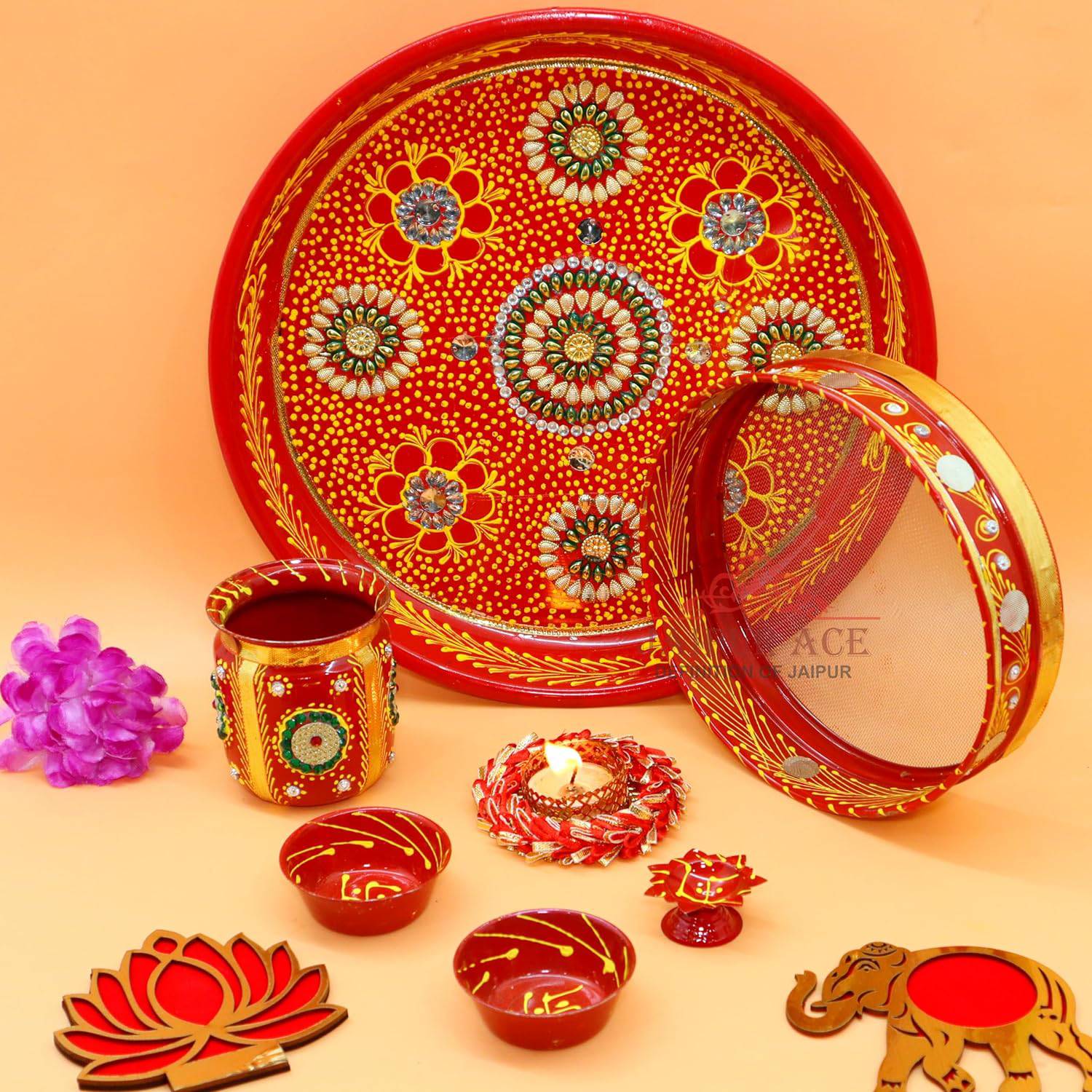 Ace Karwa Chauth Traditional and Decorative Pooja Thali Set | Stainless Steel Thali Set | Lota, Kalash, Diya, and Bowls | Trafitional Poooja Thalis | Channi Lota Included (Pattern 9) - YuvaFlowers