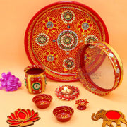 Ace Karwa Chauth Traditional and Decorative Pooja Thali Set | Stainless Steel Thali Set | Lota, Kalash, Diya, and Bowls | Trafitional Poooja Thalis | Channi Lota Included (Pattern 9) - YuvaFlowers
