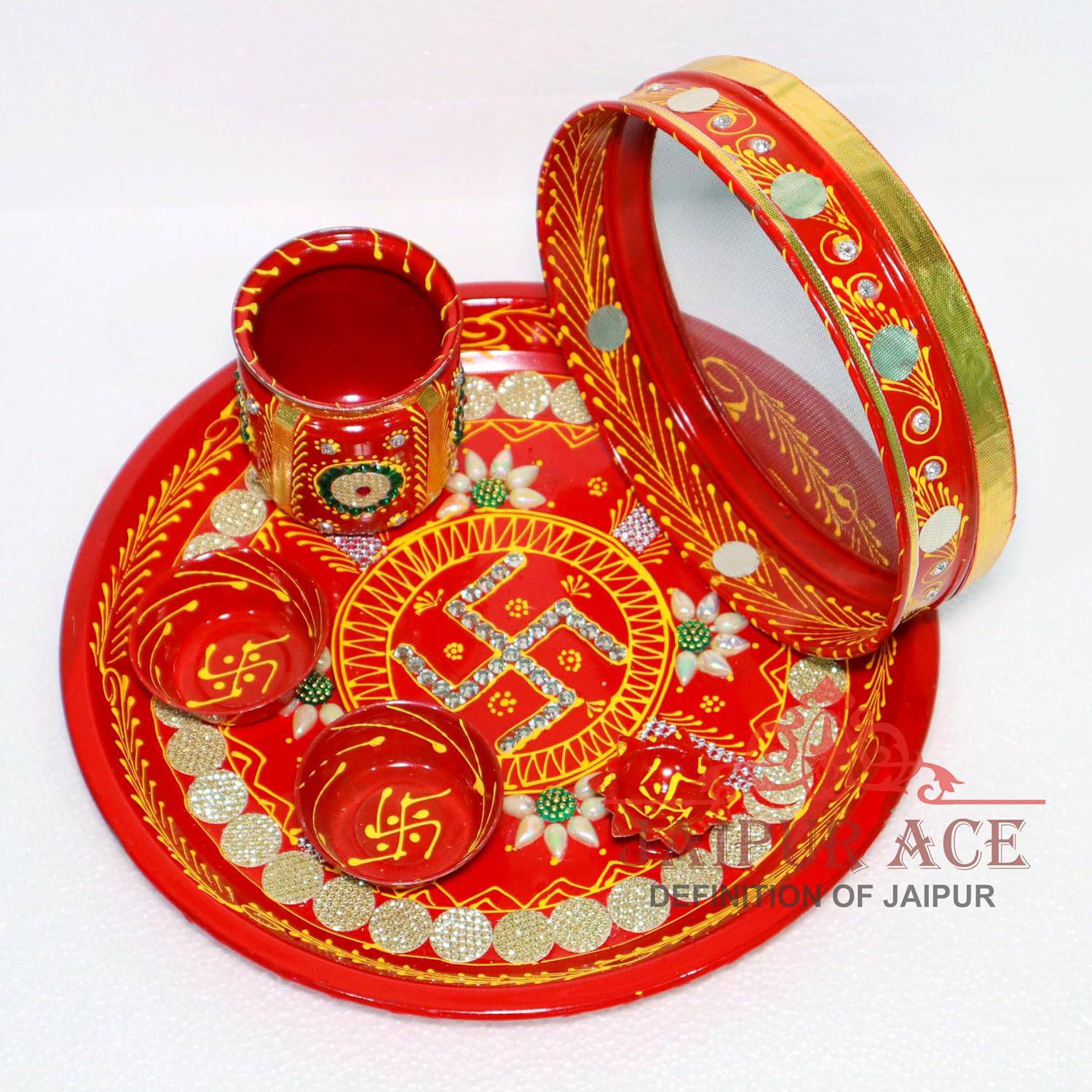 Ace Karwa Chauth Traditional and Decorative Pooja Thali Set | Stainless Steel Thali Set | Lota, Kalash, Diya, and Bowls | Trafitional Poooja Thalis | Channi Lota Included (Pattern 9) - YuvaFlowers