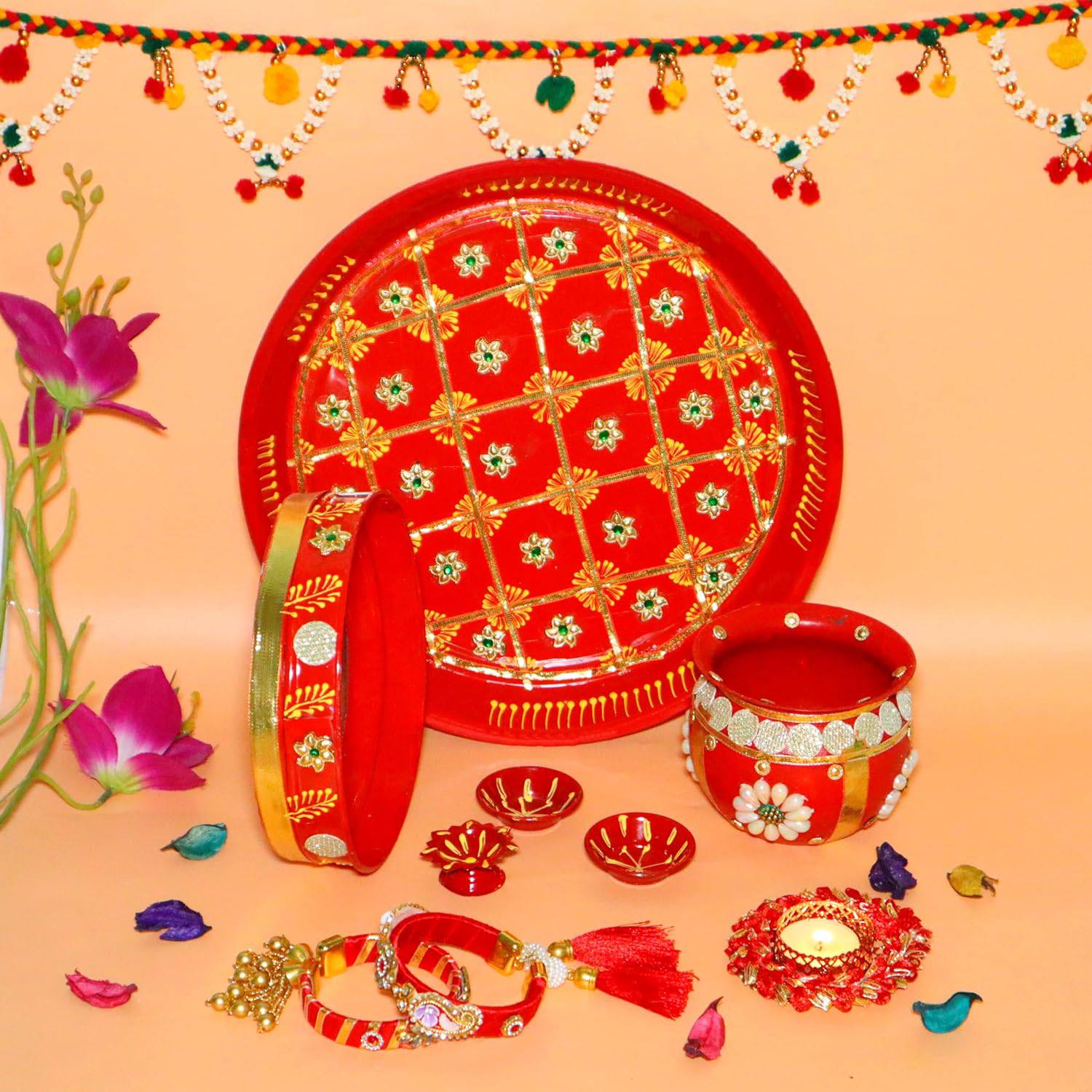 Ace Karwa Chauth Traditional and Decorative Pooja Thali Set | Stainless Steel Thali Set | Lota, Kalash, Diya, and Bowls | Trafitional Poooja Thalis | Channi Lota Included (Pattern 9) - YuvaFlowers