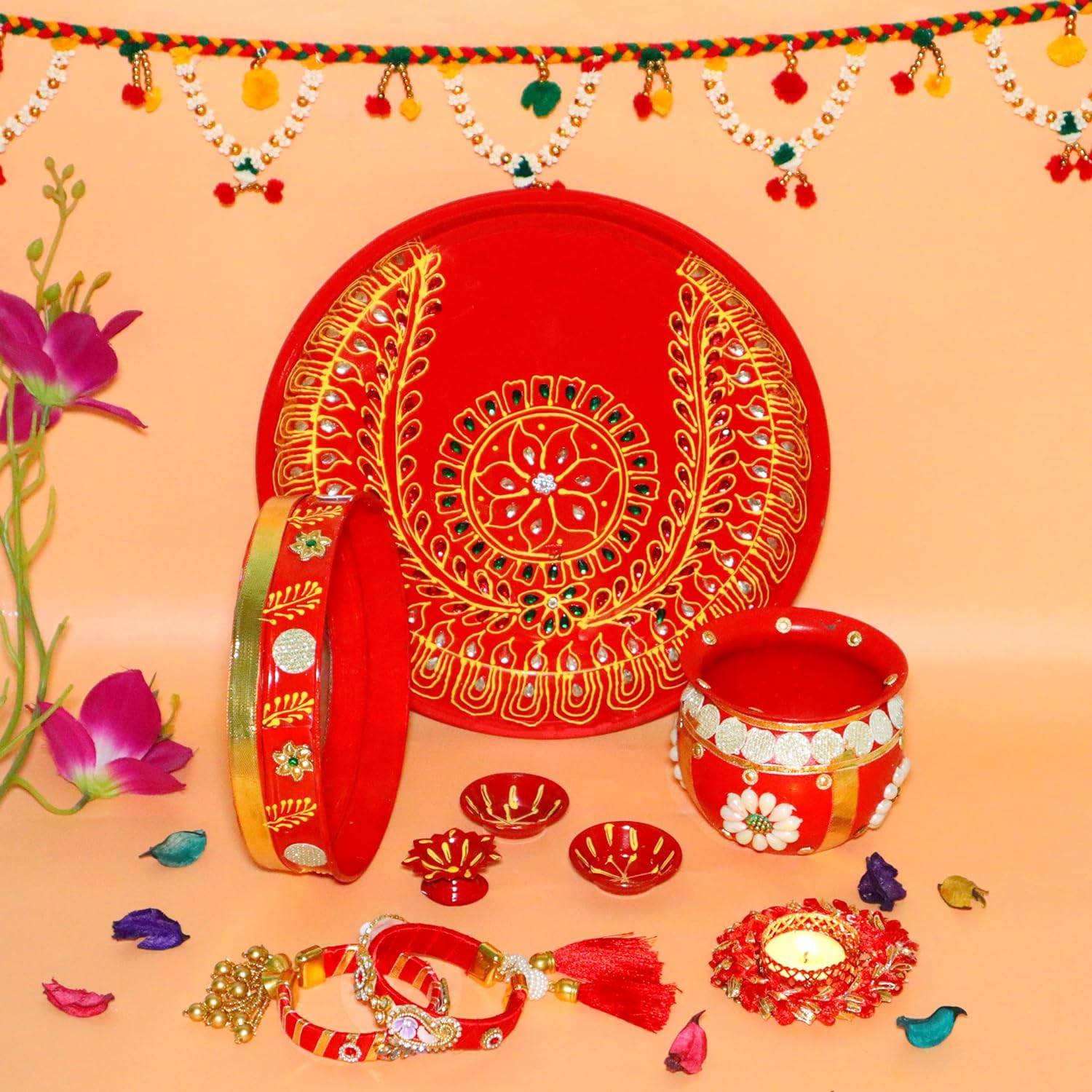 Ace Karwa Chauth Traditional and Decorative Pooja Thali Set | Stainless Steel Thali Set | Lota, Kalash, Diya, and Bowls | Trafitional Poooja Thalis | Channi Lota Included (Pattern 9) - YuvaFlowers