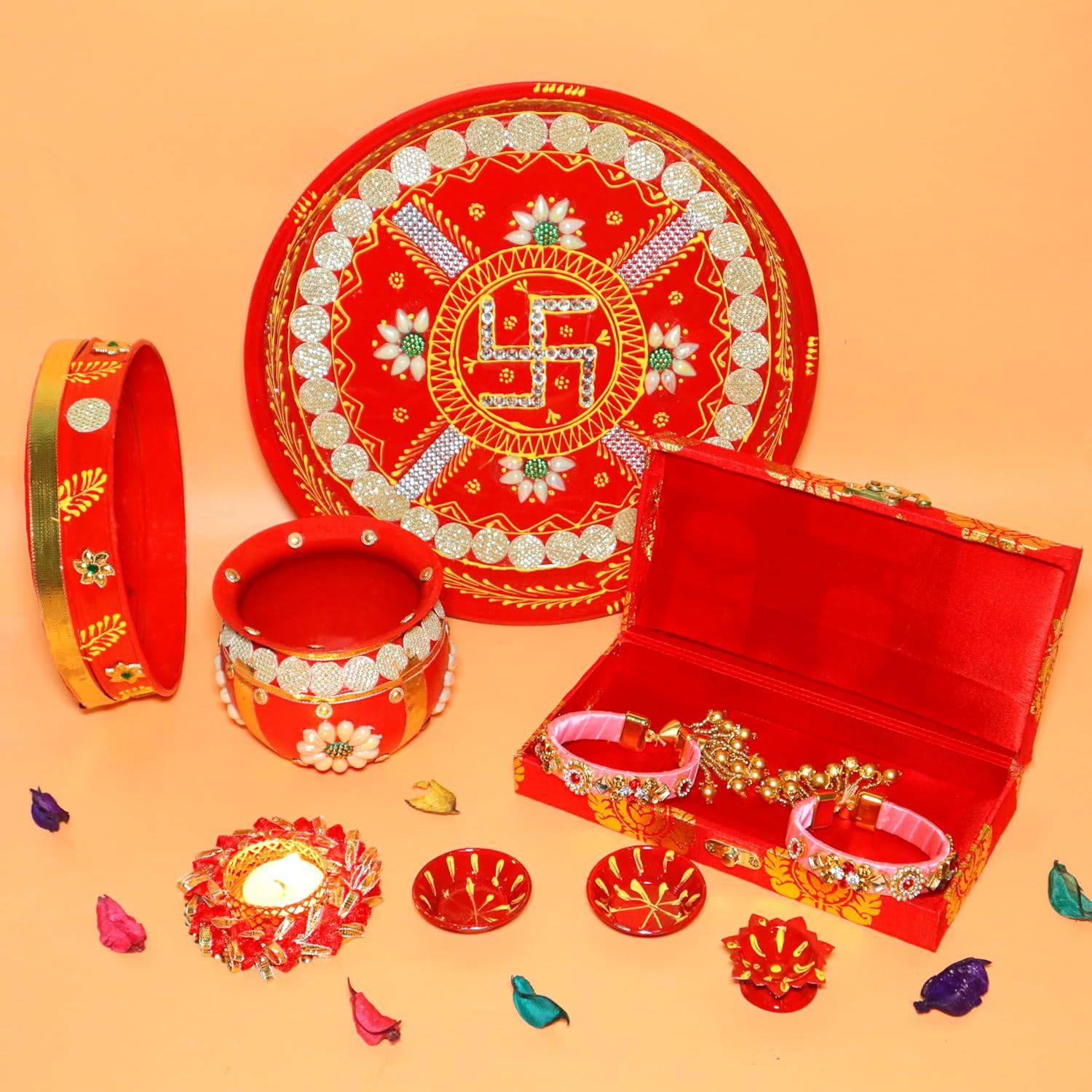 Ace Karwa Chauth Traditional and Decorative Pooja Thali Set | Stainless Steel Thali Set | Lota, Kalash, Diya, and Bowls | Trafitional Poooja Thalis | Channi Lota Included (Pattern 9) - YuvaFlowers