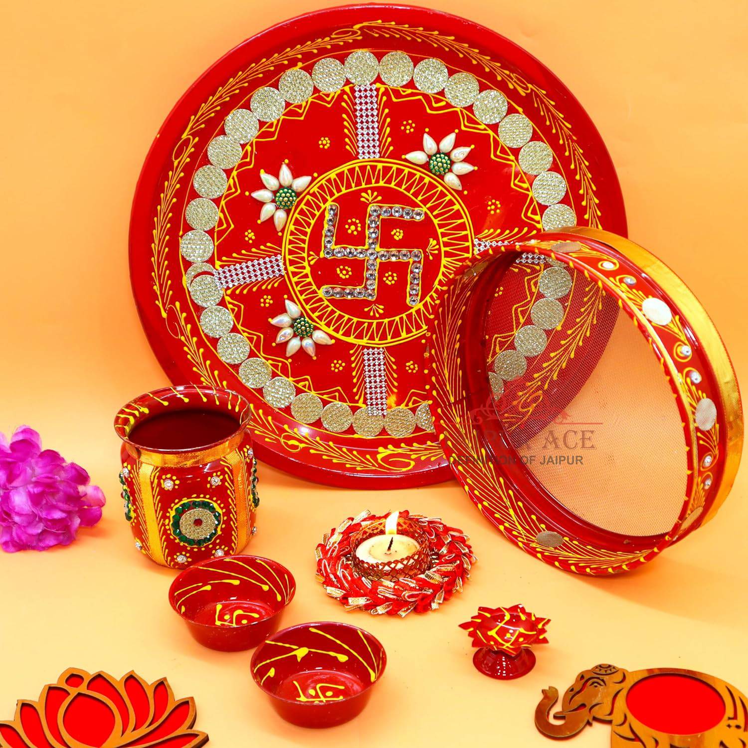 Ace Karwa Chauth Traditional and Decorative Pooja Thali Set | Stainless Steel Thali Set | Lota, Kalash, Diya, and Bowls | Trafitional Poooja Thalis | Channi Lota Included (Pattern 9) - YuvaFlowers