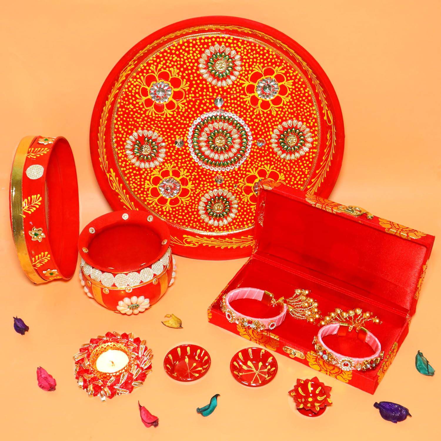 Ace Karwa Chauth Traditional and Decorative Pooja Thali Set | Stainless Steel Thali Set | Lota, Kalash, Diya, and Bowls | Trafitional Poooja Thalis | Channi Lota Included (Pattern 9) - YuvaFlowers
