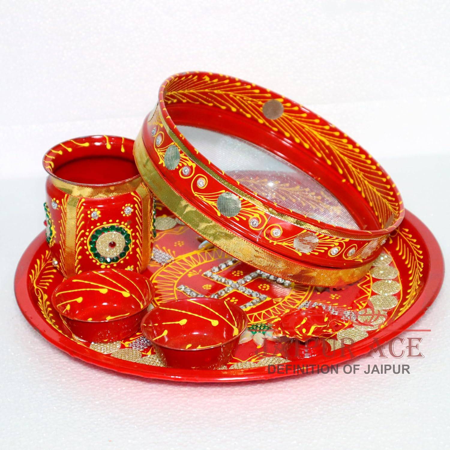 Ace Karwa Chauth Traditional and Decorative Pooja Thali Set | Stainless Steel Thali Set | Lota, Kalash, Diya, and Bowls | Trafitional Poooja Thalis | Channi Lota Included (Pattern 9) - YuvaFlowers