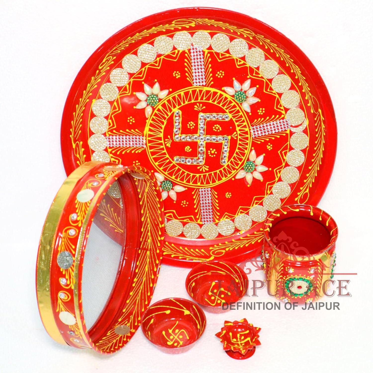 Ace Karwa Chauth Traditional and Decorative Pooja Thali Set | Stainless Steel Thali Set | Lota, Kalash, Diya, and Bowls | Trafitional Poooja Thalis | Channi Lota Included (Pattern 9) - YuvaFlowers