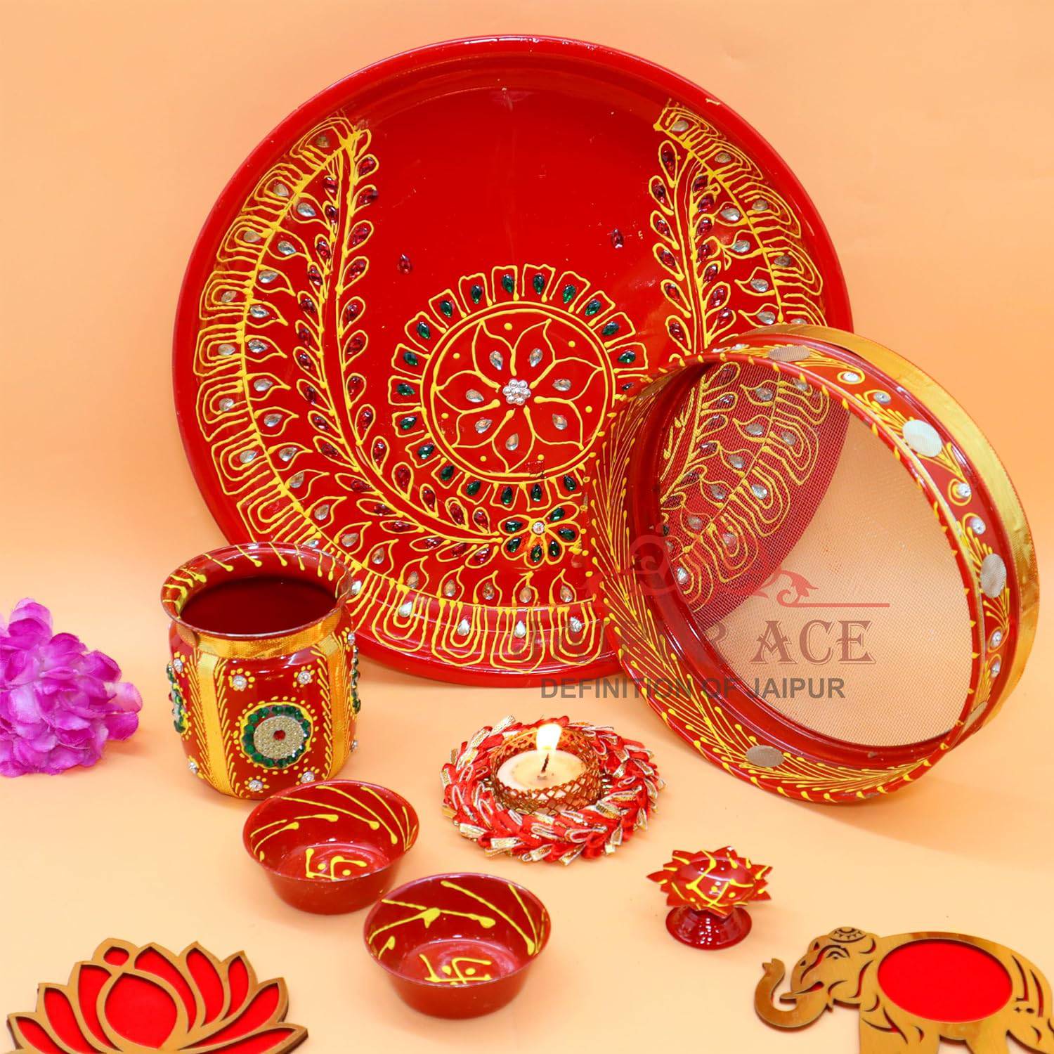 Ace Karwa Chauth Traditional and Decorative Pooja Thali Set | Stainless Steel Thali Set | Lota, Kalash, Diya, and Bowls | Trafitional Poooja Thalis | Channi Lota Included (Pattern 9) - YuvaFlowers