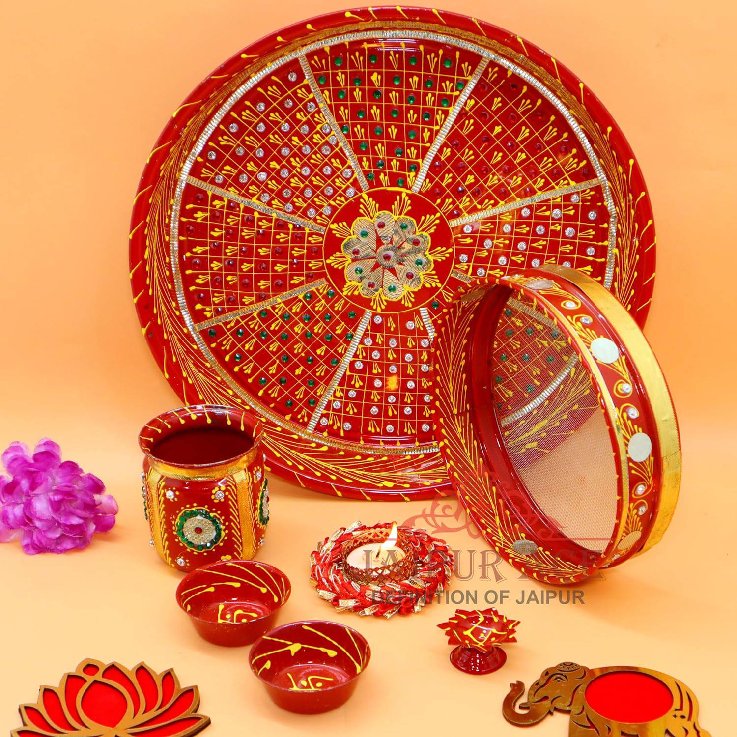 Ace Karwa Chauth Traditional and Decorative Pooja Thali Set | Stainless Steel Thali Set | Lota, Kalash, Diya, and Bowls | Trafitional Poooja Thalis | Channi Lota Included (Pattern 9) - YuvaFlowers