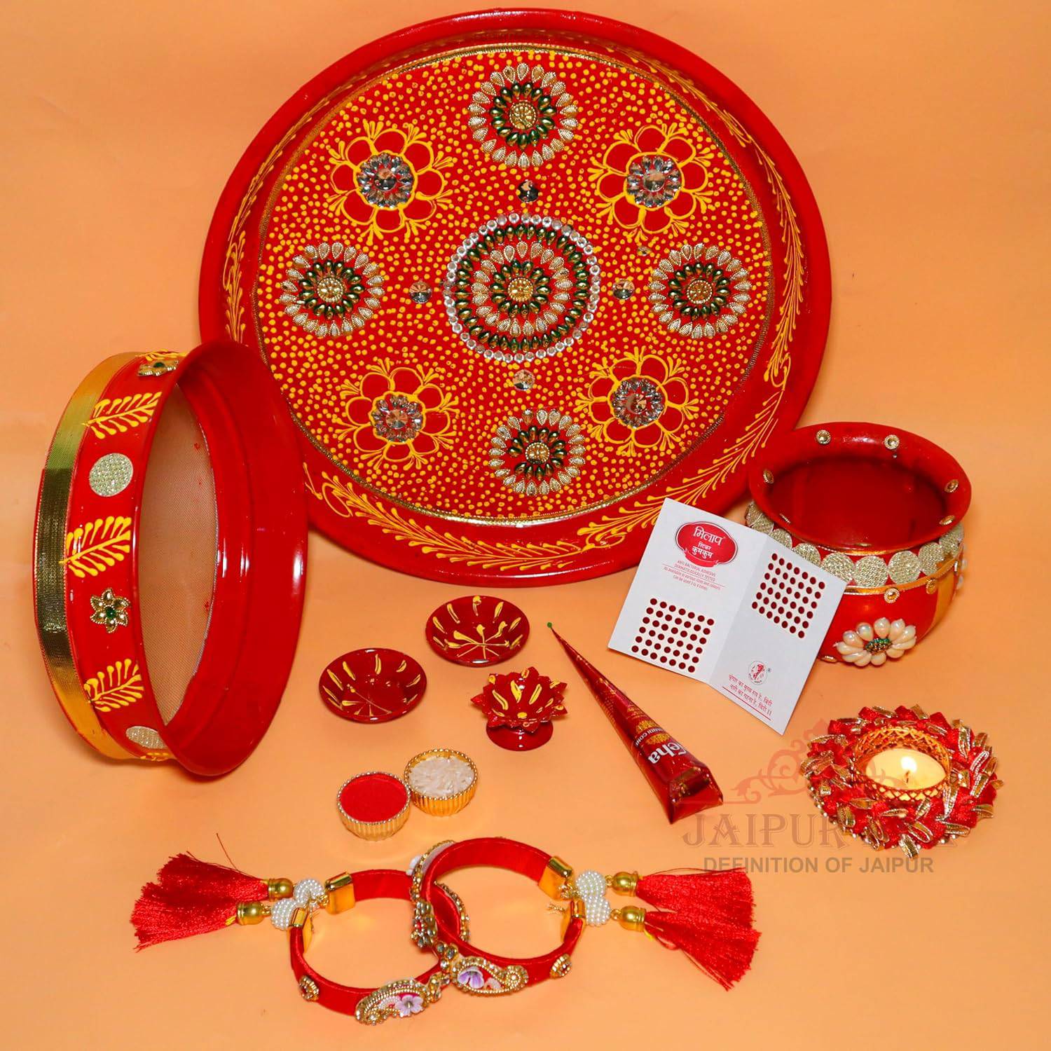 Ace Karwa Chauth Traditional and Decorative Pooja Thali Set | Stainless Steel Thali Set | Lota, Kalash, Diya, and Bowls | Trafitional Poooja Thalis | Channi Lota Included (Pattern 9) - YuvaFlowers