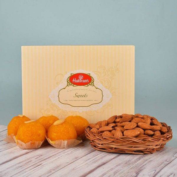 Almonds Basket N Motichoor Laddoo - YuvaFlowers