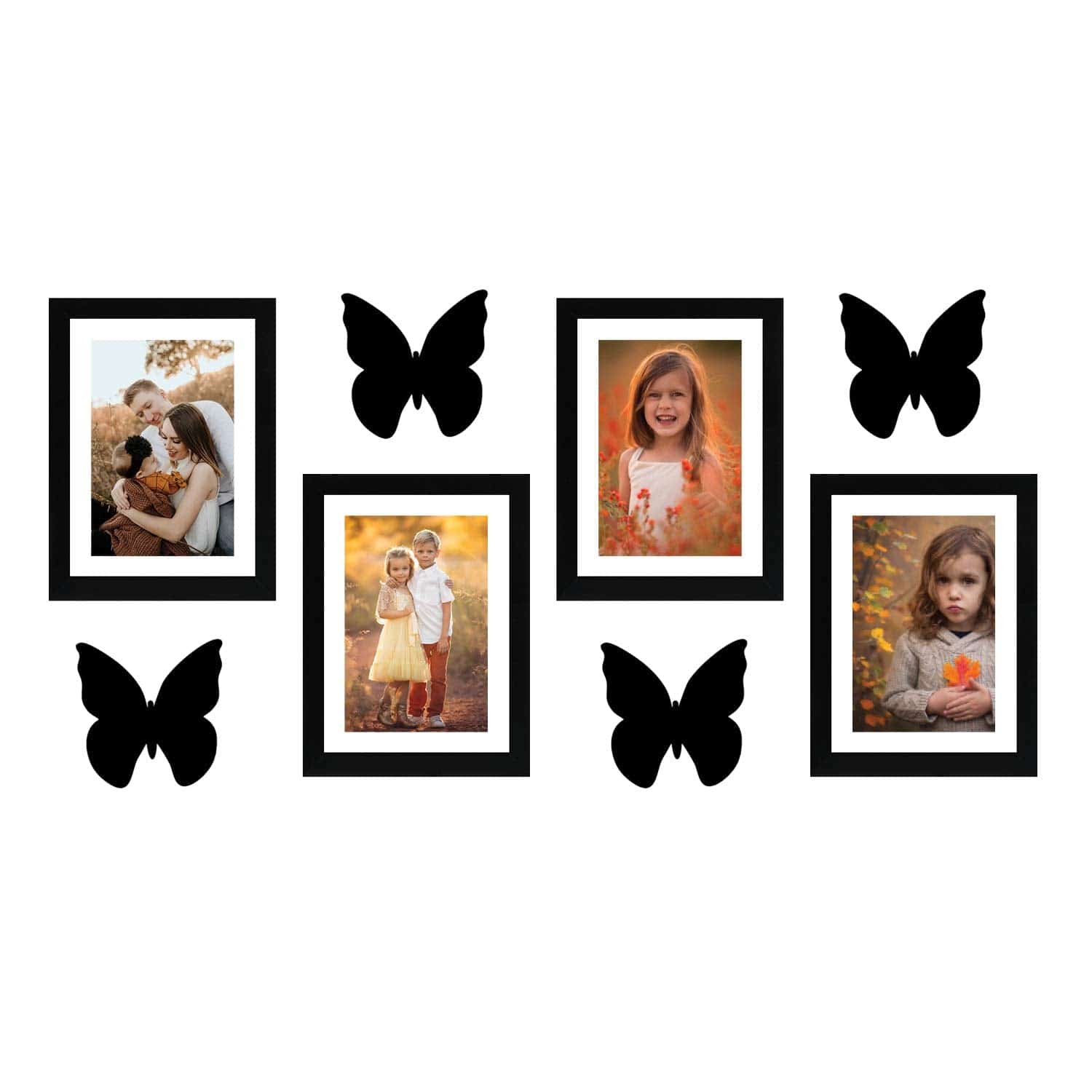 Amazon Brand - Solimo Set Of 4 Photo Frames With Mount Paper & 4 Butterfly Plaque (6 X 8 Inch - 4), Black, Rectangular, wall mount - YuvaFlowers