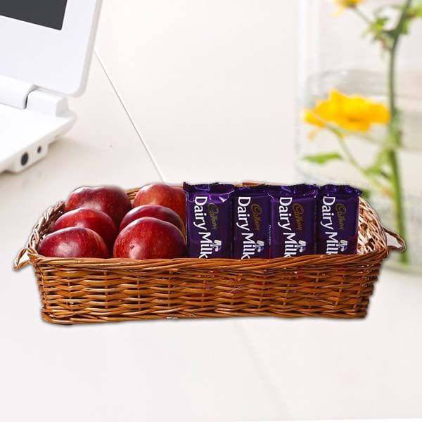 Apples in Basket along with Dairy Milk Chocolates - YuvaFlowers