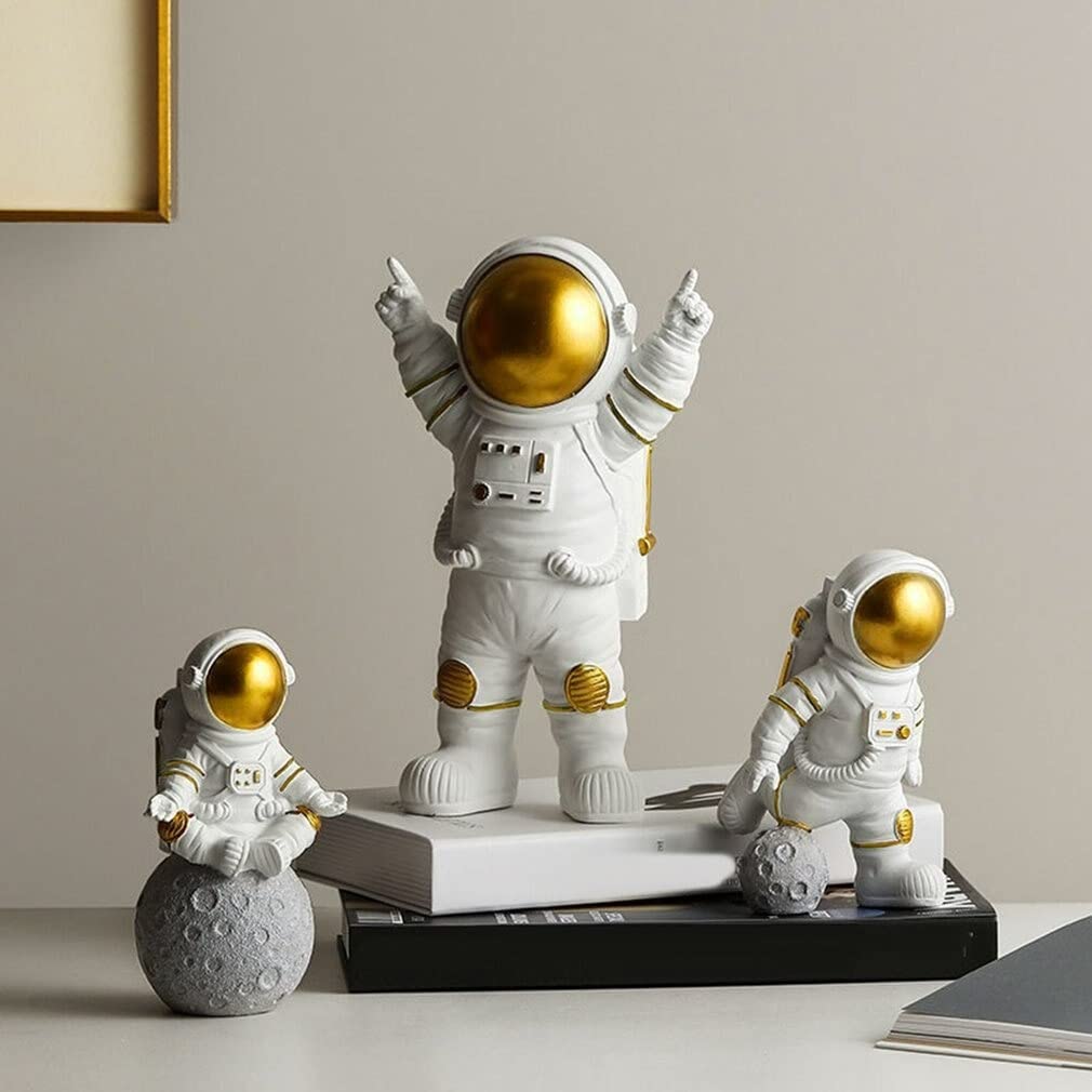 Astronaut Spaceman Statue Ornament Home Office Desktop Figurine Decors Set of 3 - Golden - YuvaFlowers