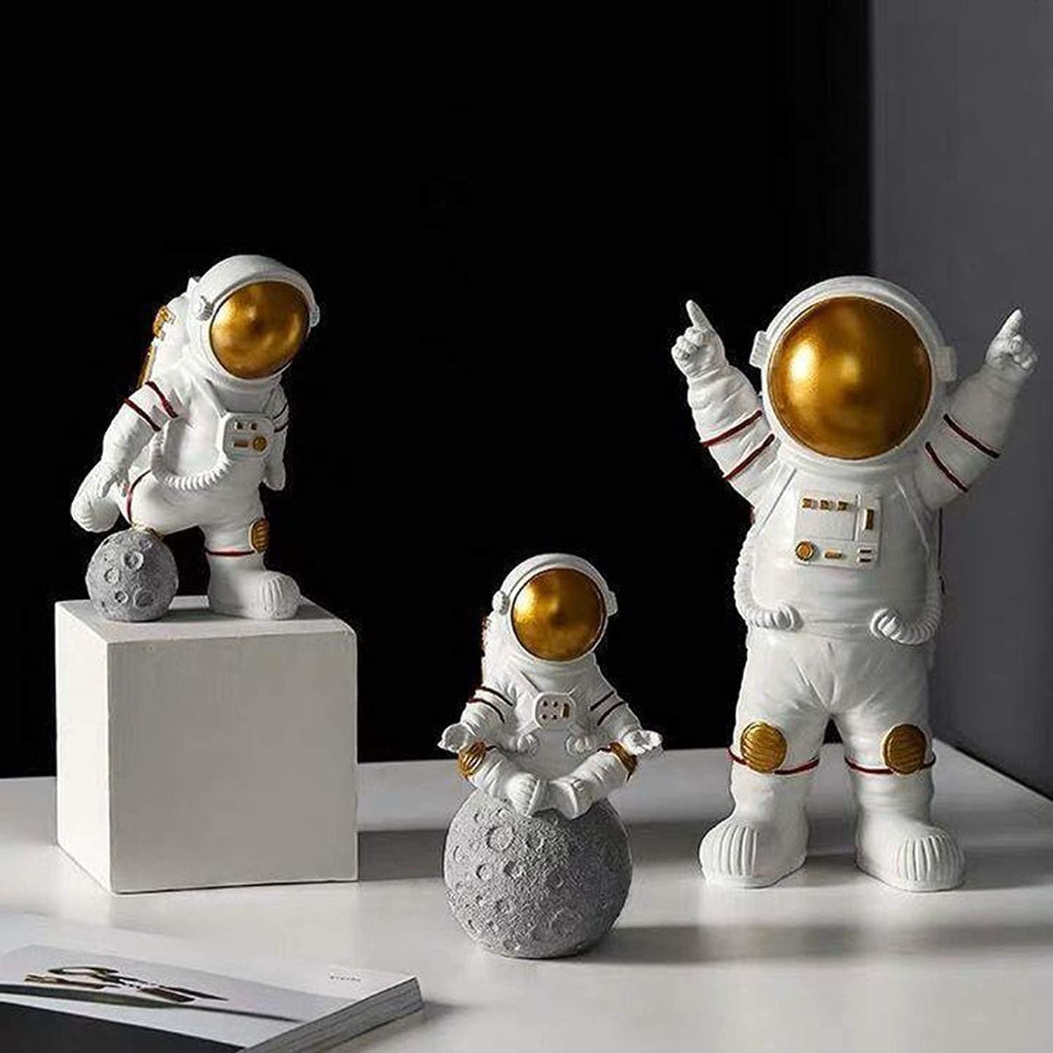 Astronaut Spaceman Statue Ornament Home Office Desktop Figurine Decors Set of 3 - Golden - YuvaFlowers