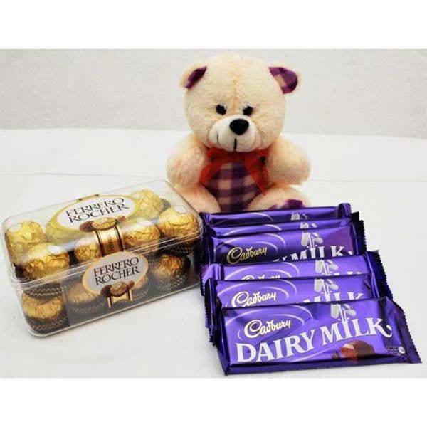 ATTRACTIVE TEDDY ROCHER WITH CHOCOLATES - YuvaFlowers