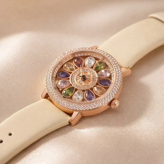 Aurora Bloom Crystal Flower Watch – Rose Gold & Multicolor Gem Dial