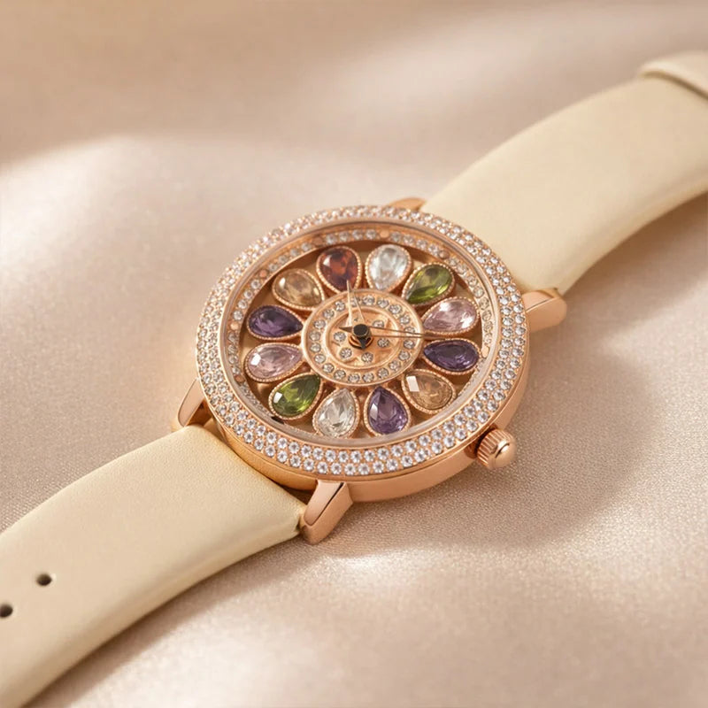Aurora Bloom Crystal Flower Watch – Rose Gold & Multicolor Gem Dial