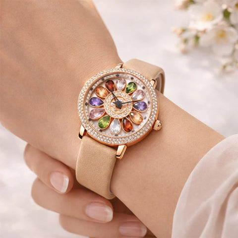 Aurora Bloom Crystal Flower Watch – Rose Gold & Multicolor Gem Dial