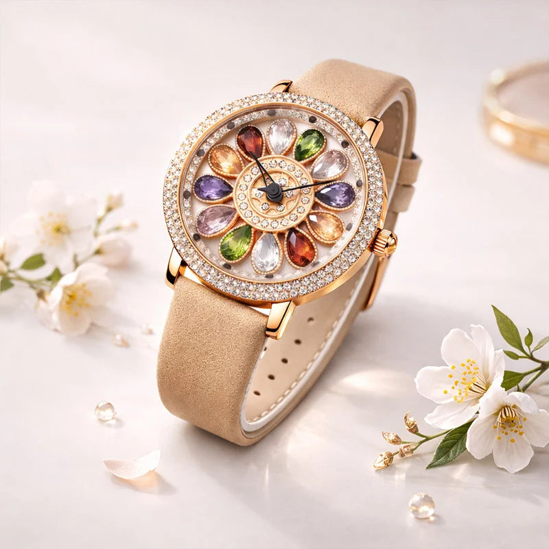 Aurora Bloom Crystal Flower Watch – Rose Gold & Multicolor Gem Dial