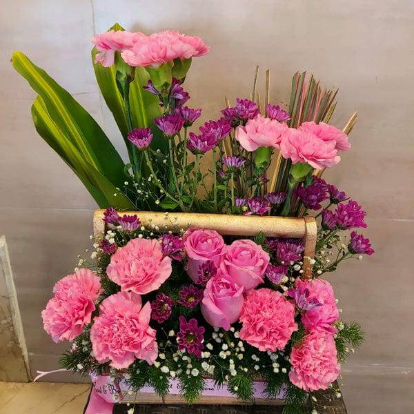 Basket of  Pink and White Carnations - YuvaFlowers