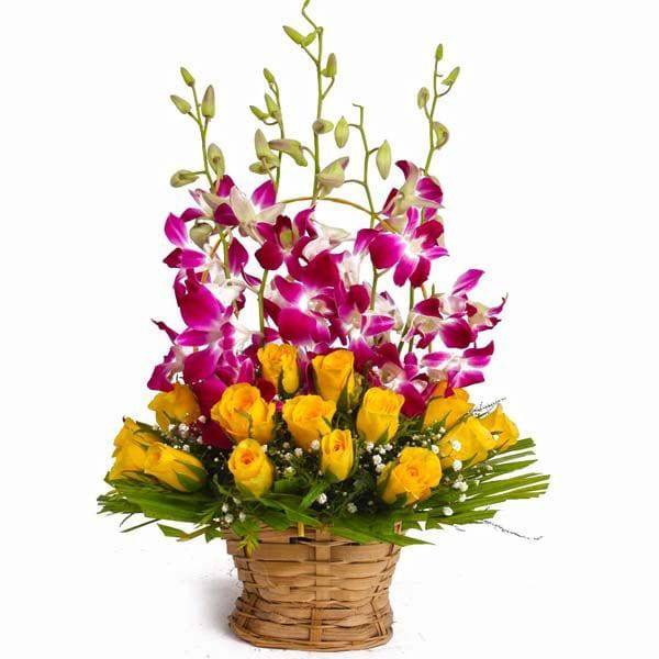 Basket of Yellow Roses with Orchids - YuvaFlowers