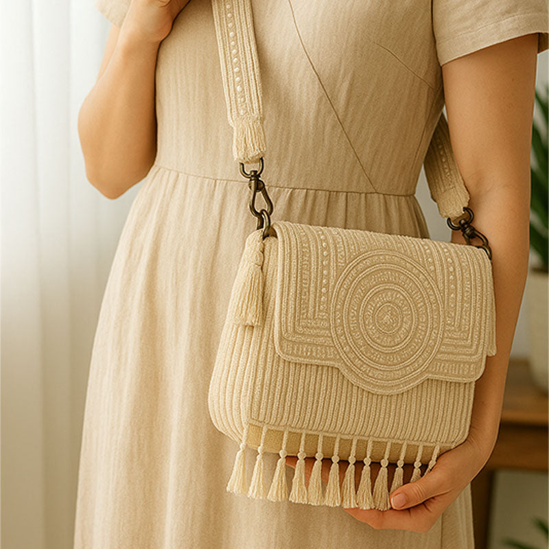 Beige Pearl Embellished Handcrafted Shoulder Bag