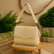 Beige Pearl Embellished Handcrafted Shoulder Bag